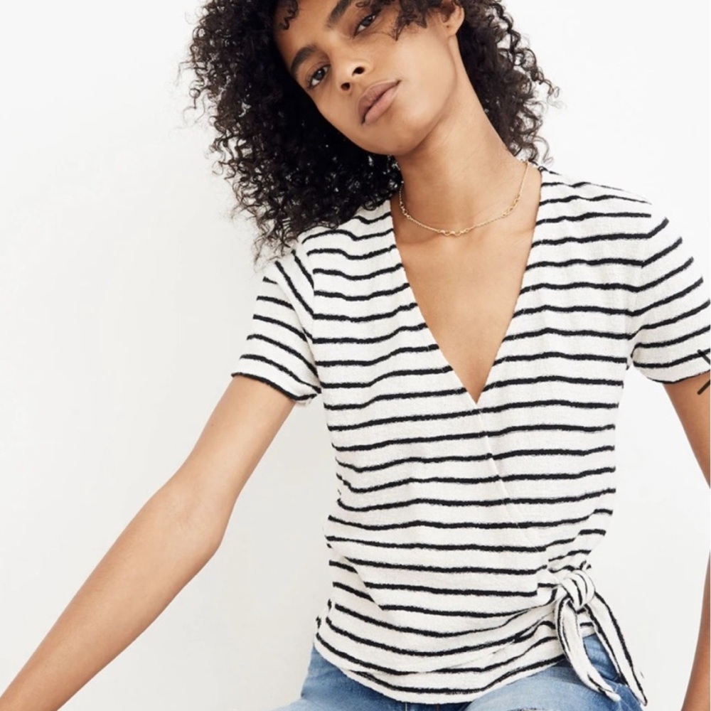 Madewell Texture & Thread Short Sleeve Striped White and Black Wrap Top | size M